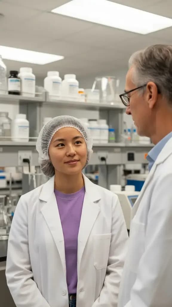 Alice, co-founder of Nuellia, in discussion with the scientific experts at our partner laboratory