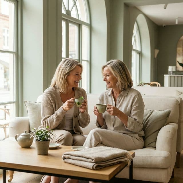 Two women sharing tea and talking warmly, in a natural and reassuring setting